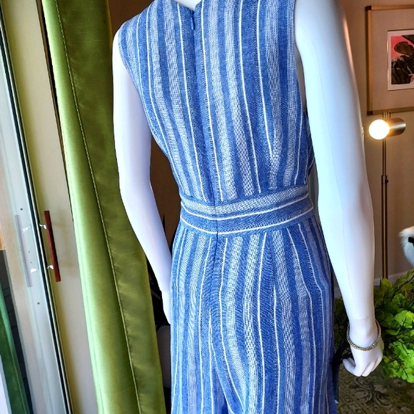 Calvin Klein Striped Linen & Rayon Jumpsuit in a Denim Blue & White. - Picture 14 of 16